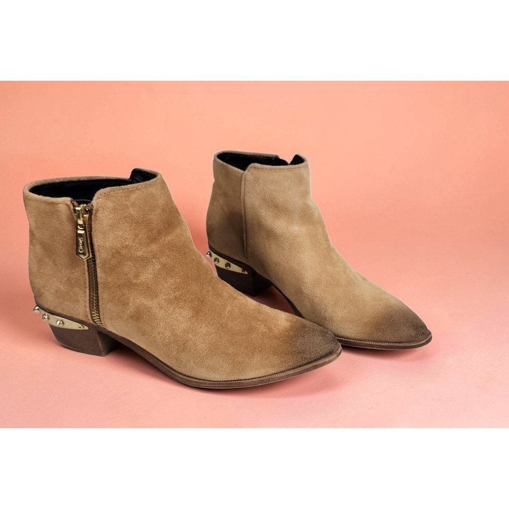 Sam Edelman Circus Holt Camel Suede Ankle Boots Gold Studded Heel Size 8